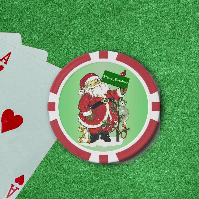 Weihnachtsmann-Niedliche Tiere frohe Weihnachten Pokerchips (Cute Santa Claus in snow little animals decorated tree Merry Christmas sign on green poker chips.)