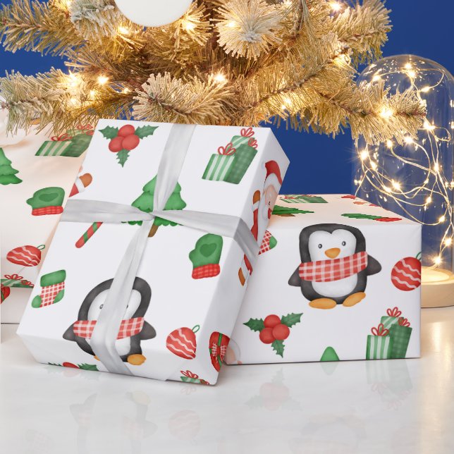 Weihnachtsmann, Pinguin und Dekorationen  Geschenkpapier (Feiertage)