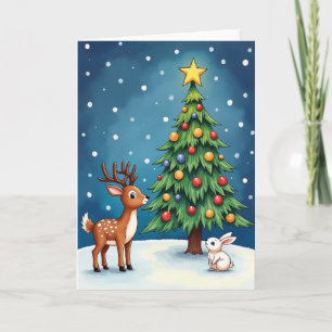 Weihnachtsmann Reh Hase im Schnee Karte