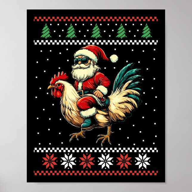 Weihnachtsmann-Reit-Huhn-Hässlicher-Weihnachtspull Poster (Vorne)