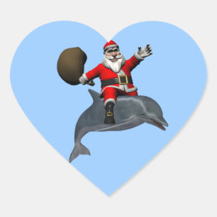 Weihnachtsmann reitet auf Delfin Herz-Aufkleber