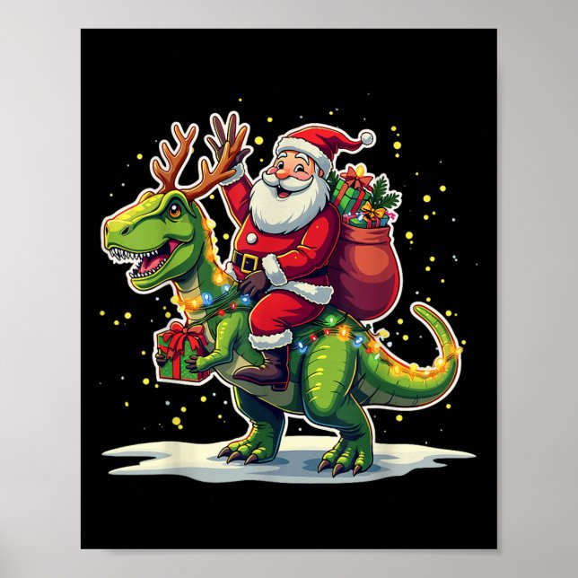Weihnachtsmann reitet auf Dinosaurier T-Rex Hirsch Poster (Vorne)