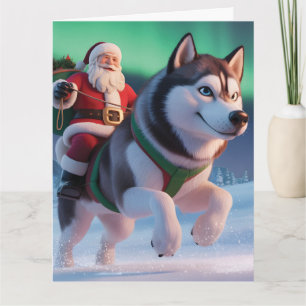 Weihnachtsmann reitet auf einem riesigen Husky dur Karte