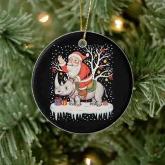 Weihnachtsmann reitet auf Nashorn Schnee Weihnacht Keramik Ornament
