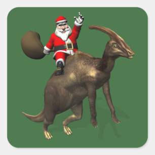 Weihnachtsmann reitet auf Parasaurolophus Quadratischer Aufkleber