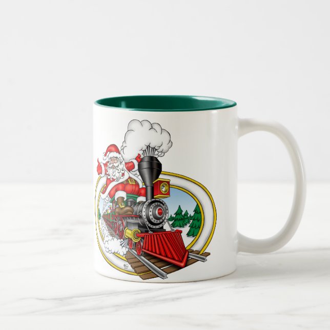 Weihnachtsmann reitet eine Dampf-Lokomotive Zweifarbige Tasse (Rechts)