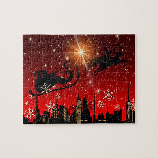 Weihnachtsmann-Ren und Pferdeschlitten-Fliegen Puzzle (Horizontal)