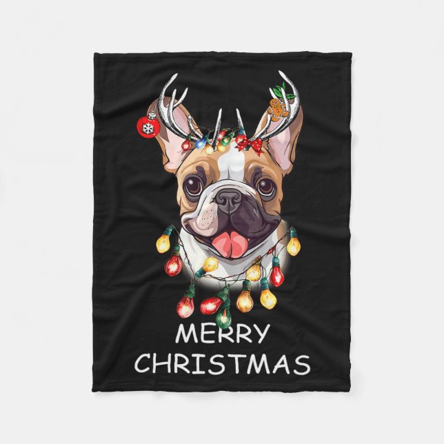 Weihnachtsmann-Rentier-Französische-Bulldogge-Hund Fleecedecke (Vorderseite)