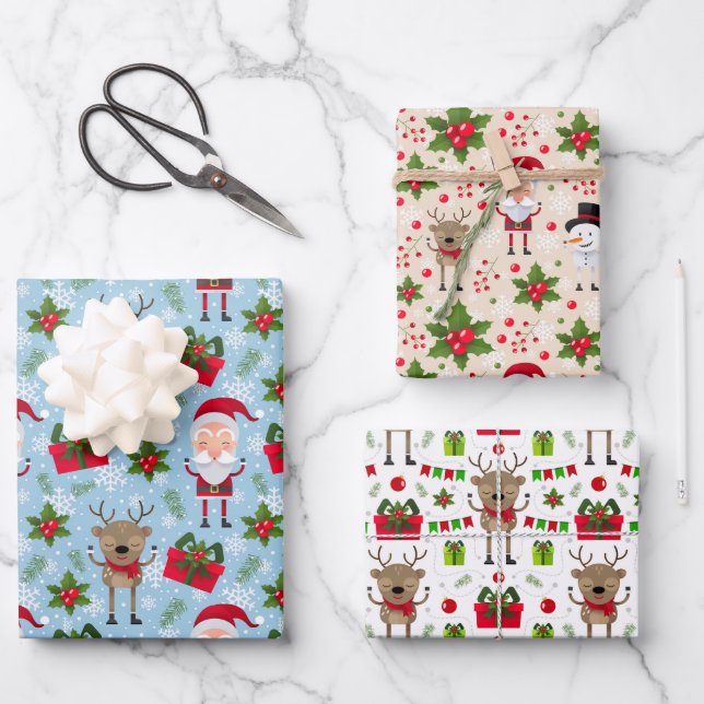 Weihnachtsmann-Rentier-Snowman-Weihnachtswrapping- Geschenkpapier Set (Vorderseite)