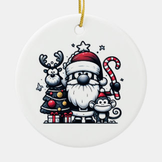 Weihnachtsmann, Rentier und ein Weihnachtsaffen Keramik Ornament