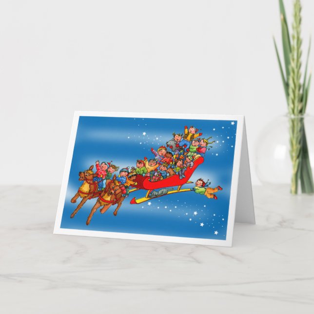 Weihnachtsmann Rentiers Sleigh Kids Grußkarte Feiertagskarte (Vorderseite)