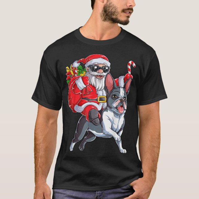 Weihnachtsmann Riding Boston Terrier Xmas B T-Shirt (Vorderseite)