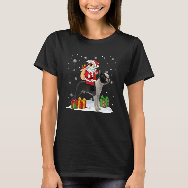 Weihnachtsmann Riding Boston Terrier Xmas H T-Shirt (Vorderseite)