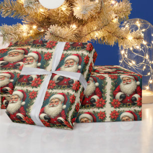 Weihnachtsmann, rote Poinsettien-Blumen  Geschenkpapier