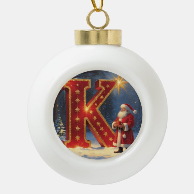Weihnachtsmann Santa Personalisierter Anfangsbuchs Keramik Kugel-Ornament (Vorderseite)
