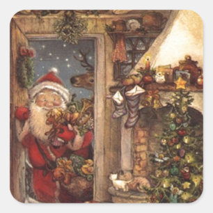 Weihnachtsmann schaut herein quadratischer aufkleber