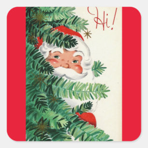 Weihnachtsmann schaut hinter dem Baum hervor im Vi Quadratischer Aufkleber