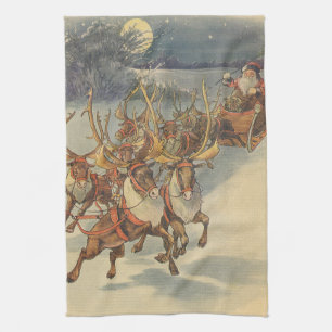 Weihnachtsmann-Schlitten mit Rentieren im Vintage- Geschirrtuch