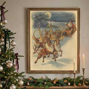 Weihnachtsmann-Schlitten mit Rentieren im Vintage- Poster