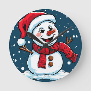 Weihnachtsmann-Schneemann-Cartoon mit Santa-Hut Runde Wanduhr
