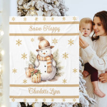 Weihnachtsmann-Schneemann-Decke mit Namen Gold für