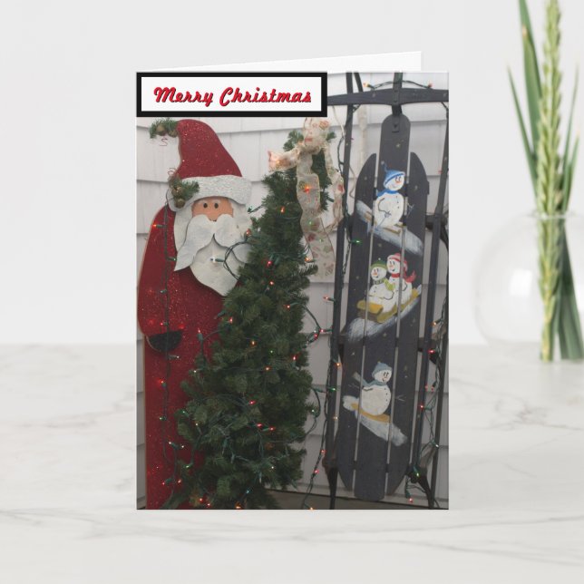Weihnachtsmann-Schneemann-Schlitten-Karte Feiertagskarte (Vorderseite)