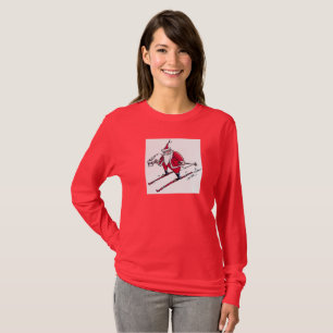 Weihnachtsmann Skifahren Frauen rotes Langarmshirt T-Shirt