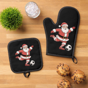 Weihnachtsmann spielt Fußball Weihnachtssport Ofenhandschuh & Topflappen-Set