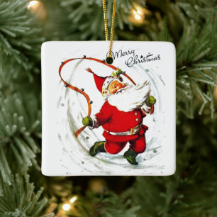 Weihnachtsmann springt Seil im Vintage-Stil Keramikornament