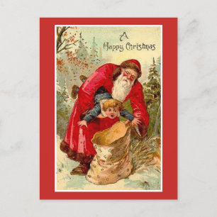 Weihnachtsmann steckt Kind in Tasche Feiertagspostkarte
