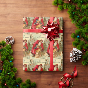 Weihnachtsmann steckt Kind in Tasche Geschenkpapier