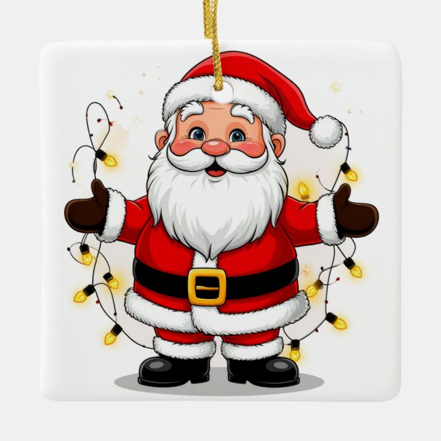 Weihnachtsmann stehend mit Weihnachtslichtern Keramikornament (Vorderseite)