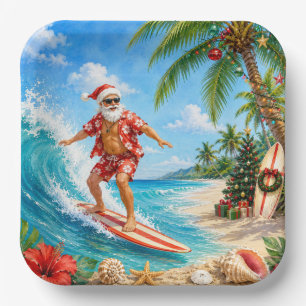 Weihnachtsmann Surfen Strand Blick Weihnachtsfeier Pappteller