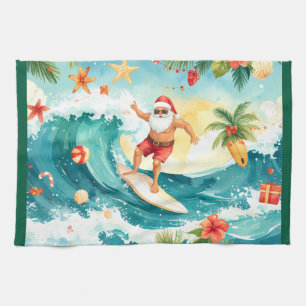 Weihnachtsmann surft auf Weihnachtsfeiertag Geschirrtuch