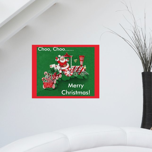Weihnachtsmann Süßigkeiten Zug Poster (Santa riding red white train with candy canes letters on red green Merry Christmas wall poster.)