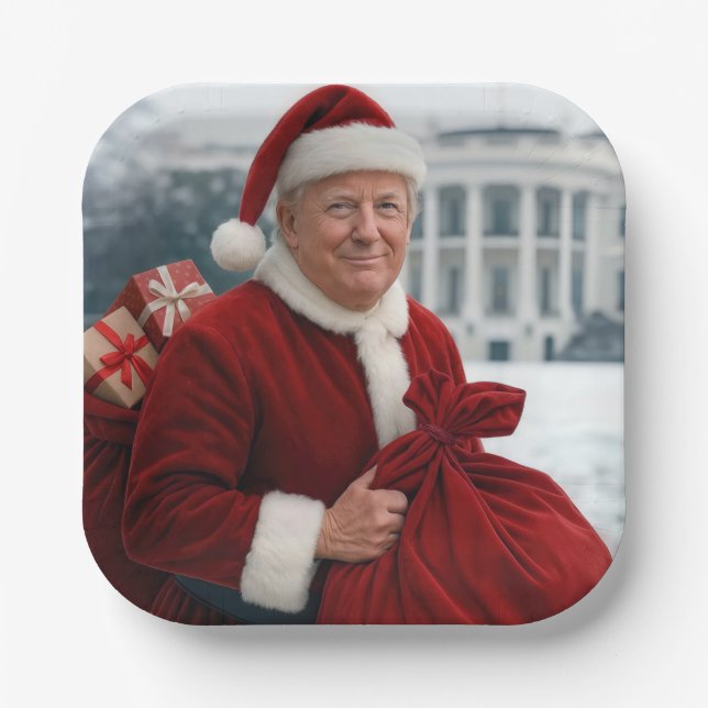 Weihnachtsmann Trump mit roter Geschenktasche Pappteller (Vorderseite)