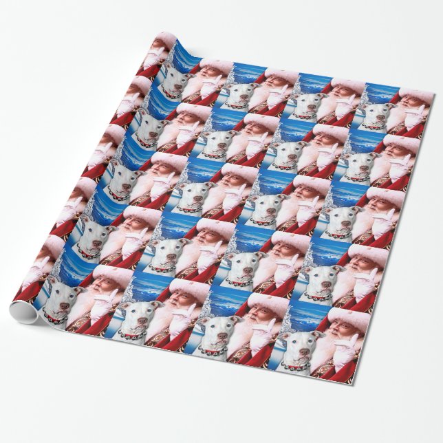 Weihnachtsmann u. weißer Pitbull Terrier Hund Geschenkpapier (Ungerollt)
