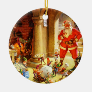 Weihnachtsmann überwacht seine Elfe, Plätzchen z Keramik Ornament