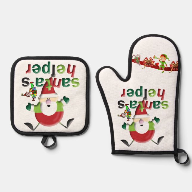Weihnachtsmann und Elf Oven Mitt & Pot Holder Ofenhandschuh & Topflappen-Set (Vorderseite)