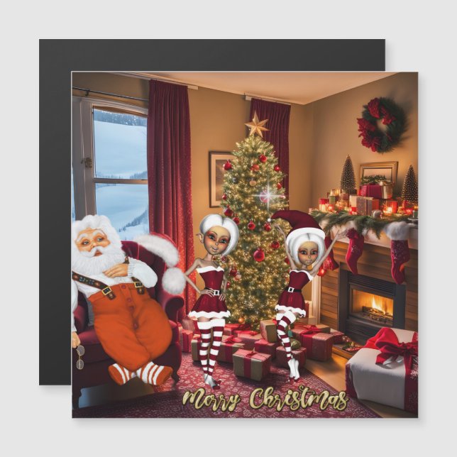 Weihnachtsmann und Elfen nach der Arbeit. Magnetkarte (Vorne/Hinten)