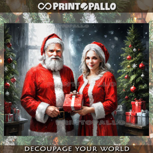 Weihnachtsmann und Frau Claus beim Verschenken von Seidenpapier