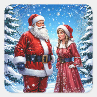 Weihnachtsmann und Frau Claus Quadratischer Aufkleber