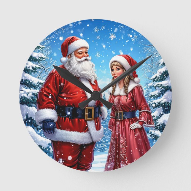 Weihnachtsmann und Frau Claus Runde Wanduhr (Vorderseite)