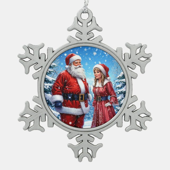 Weihnachtsmann und Frau Claus Schneeflocken Zinn-Ornament (Vorderseite)