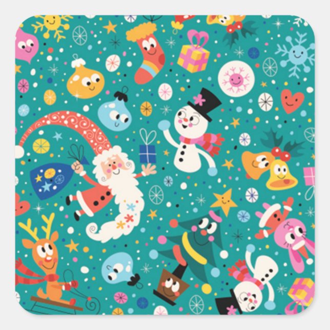 Weihnachtsmann und frohe FreundeMuster Quadratischer Aufkleber (Vorderseite)