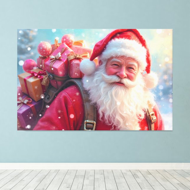 Weihnachtsmann und Geschenke Leinwanddruck (Insitu (Holzboden))