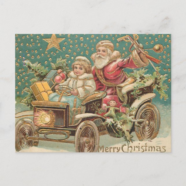 Weihnachtsmann und Helfer im Vintage Autos Weihnac Postkarte (Vorderseite)