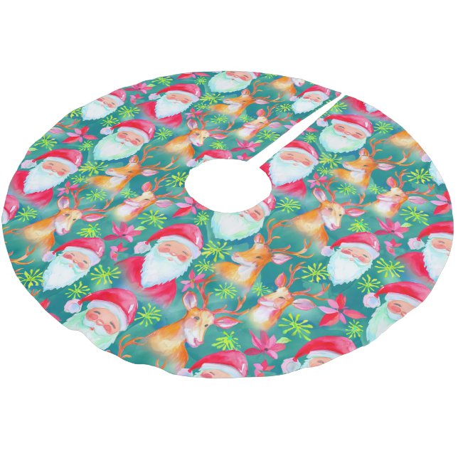 Weihnachtsmann und Hirschmuster Polyester Weihnachtsbaumdecke (Schrägansicht)