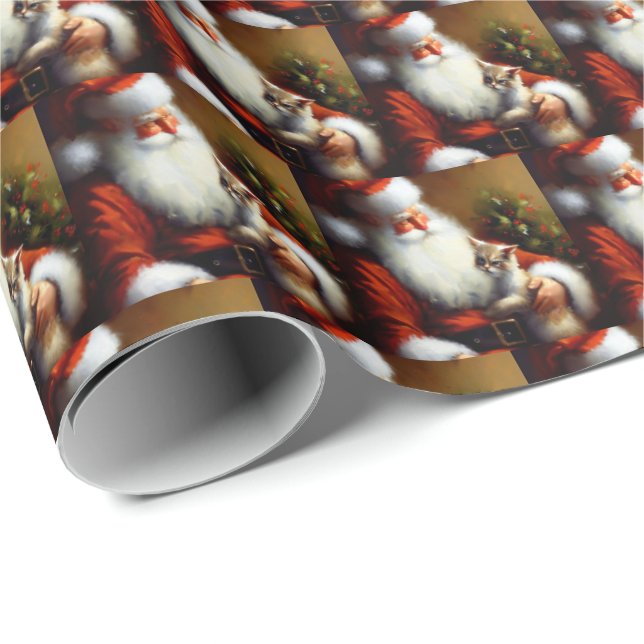Weihnachtsmann und Katze 3 Geschenkpapier (Rolleneckpunkt)
