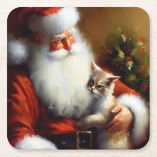 Weihnachtsmann und Katze 3 Rechteckiger Pappuntersetzer